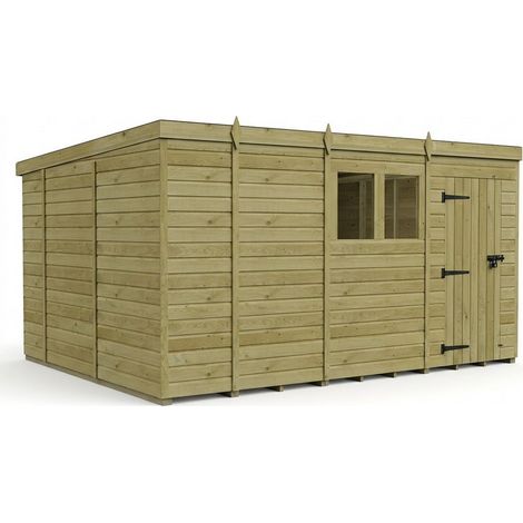 13ft x 10ft Pent Garden Shed Single Door With Windows - Pressure Treated Timber - L396 x W305 x H210 cm - Natural