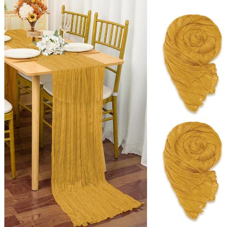 Set mit 2 senfgelben Tischläufern aus Etage-Stoff, 90 x 300 cm, rustikaler Gaze-Stoff, gelbe Tischdekoration für Hochzeiten, Tischdecken für Hochzeitsfeiern, Brautpartys, Tischdekorationen