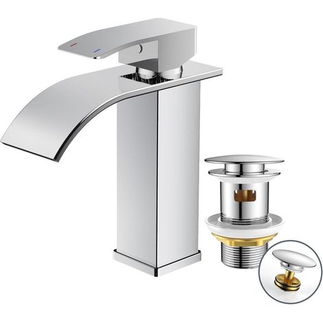 Waschtischarmatur Wasserfall mit Ablaufgarnitur, Einhandmischer, Chrom, 110mm (1/5)