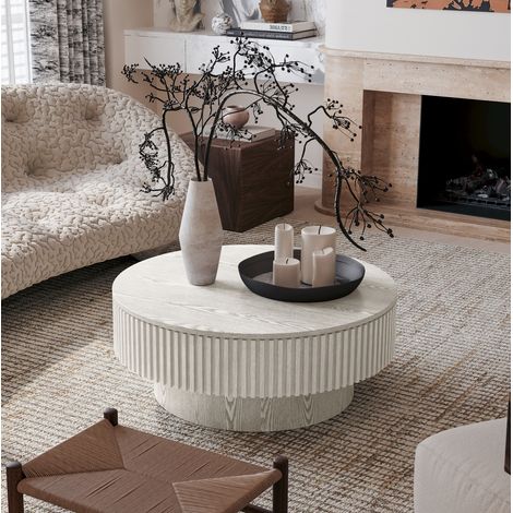 Table basse ronde 75 cm avec rangement, MDF et placage bois, blanc rétro DESVIAE (1/5)