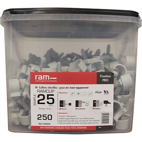 250 colliers cheville RAMCLIP simple gris pour tube nu Ø25 - RAM (1/3)