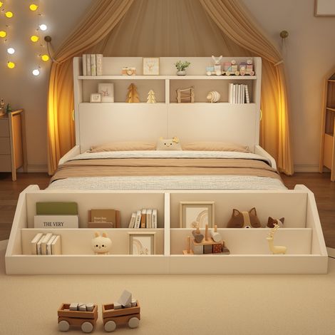 Letto contenitore 140x200 con luci e libreria bianco HAVRYA (1/5)