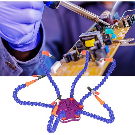 [Station de Soudage] Third Hand DIY avec 6 Bras Flexibles et Ventilateur USB - Base en Alliage d'Aluminium, Clips Silicone, 30 cm, Bleu + Violet (1/5)