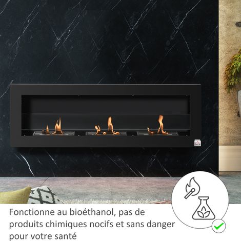 Cheminée murale encastrable au bioéthanol, 3 brûleurs (3 L au total), environ 3 h d'autonomie, en acier inoxydable noir (1/5)