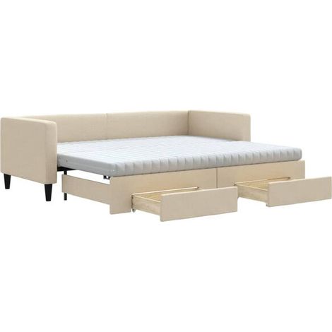 Canapé-lit avec matelas gigogne et tiroirs, beige, 80x200 cm, tissu. (1/5)