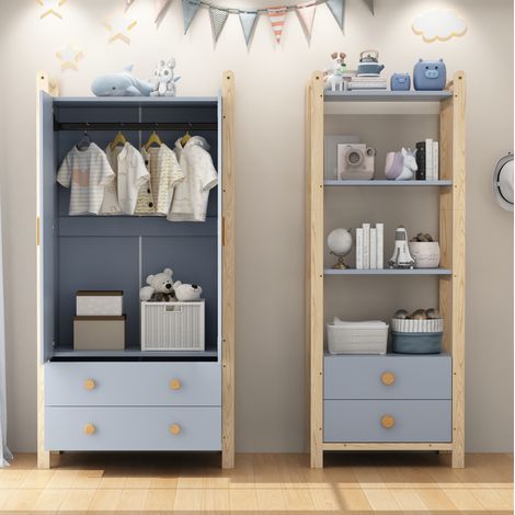 Kinder-Kleiderschrank mit Kleiderstange, offenem Regal und 2 Schubladen, Blau/Holz, 180,5 cm (1/5)