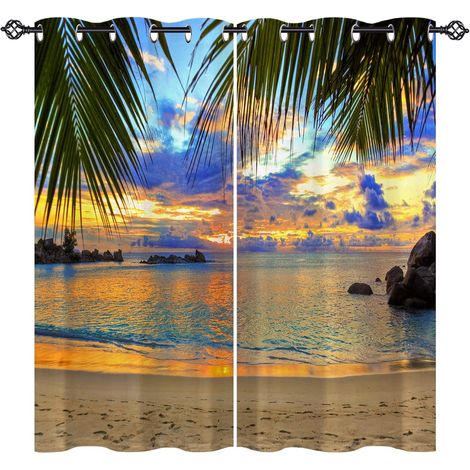 Rideau Occultant Tropical Plage Feuille de Palmier Rideau Thermique Isolant Draperies Intérieurs Tenture Opaque à Oeillets pour Maison Chambre Salon Fenetre 2 Pièces L 168 x H 138 cm - 168L X 138H cm (1/5)