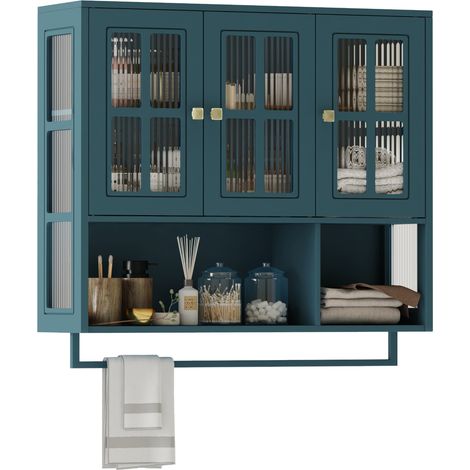 ELVMI Badezimmerschrank wandhängend mit 3 Türen, 1 offenem Fach und Handtuchhalter für Bad, MDF, 88 × 26 × 82.5 cm, Dunkelgrün (1/5)