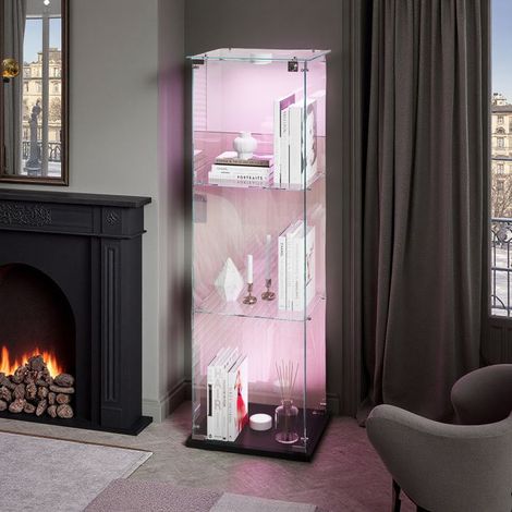 Glasvitrine - 3 Regale - LED - Präsentationsschrank für das Wohnzimmer - Für Sammlungen - 123 x 39 x 35cm - Schwarz