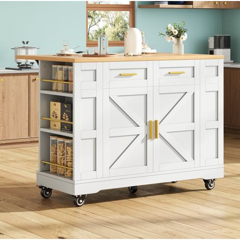 Carrito de cocina sobre ruedas 120x40x90 cm con 2 cajones y encimera abatible, en MDF y metal, blanco (1/5)