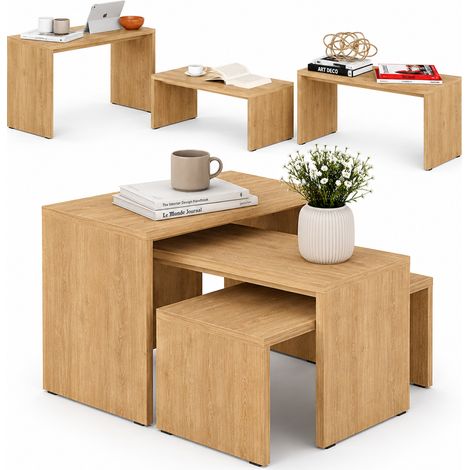 Tavolino Caffe Divano Salotto Rettangolare 3Pz Moderno Legno Colore Quercia