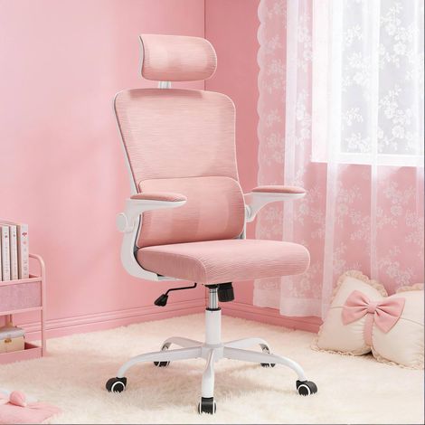 MEUBLIV Chaise de bureau ergonomique rose avec roulettes, appui-tête et fonction bascule (1/5)