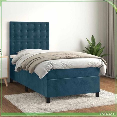 Sommier à lattes avec matelas 100x200 cm - 3143251 - Bleu foncé velours - Tête de lit réglable - Matelas 20 cm ressorts ensachés (1/5)