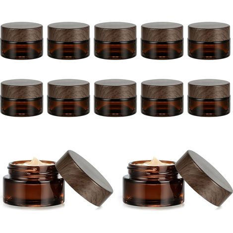 Amber Glas Lot de 12 boîtes vides en verre marron de 20 ml avec couvercle, spatule, étiquettes, boîtes de voyage pour cosmétiques, lotions, huiles essentielles, pommades (bois foncé) (1/5)