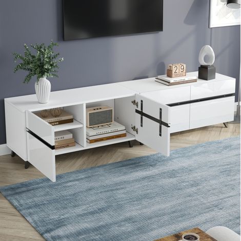 MEUBLIV meuble TV 180x40x49 cm blanc – 4 portes, rangement caché (1/5)