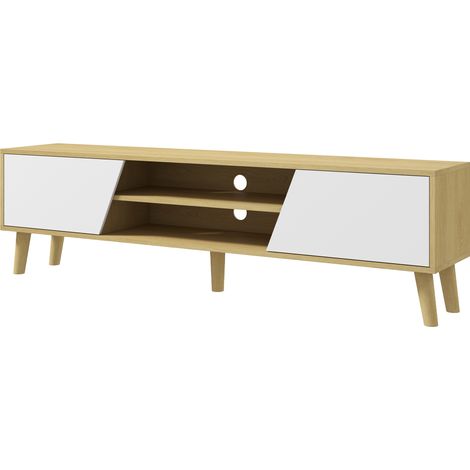 Meuble TV design scandinave 2 portes 2 niches passe-câbles jusqu'à 65 pouces 150 x 30 x 42 cm