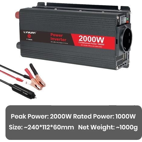 Inverseur de voiture, entrée 12V, sortie 220V, 12V 2000W Noir (1/2)