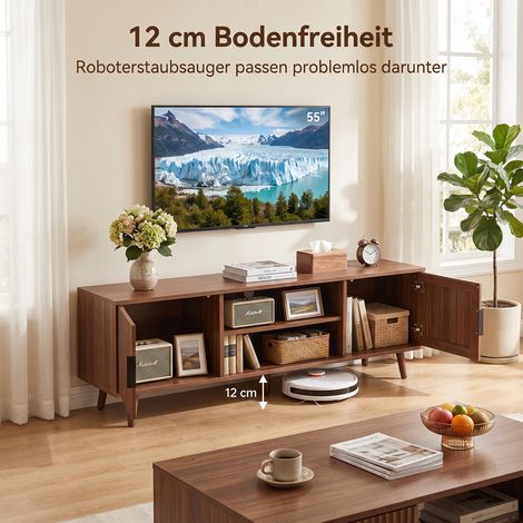 Meuble TV nervuré pour le salon, 138 cm, style moderne du milieu du siècle, console TV avec étagères ouvertes, meuble TV pour la chambre, noyer (1/4)