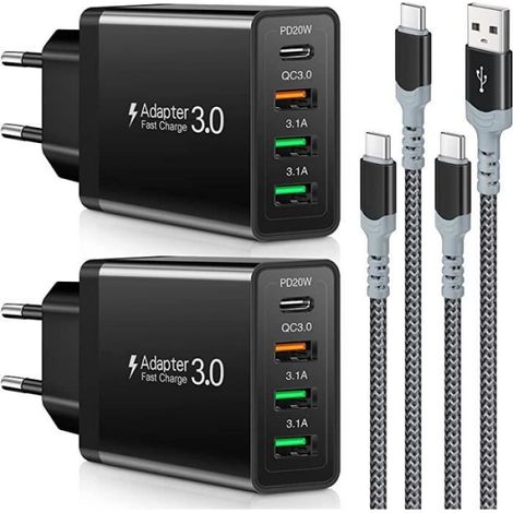 Chargeur Usb C - 35 W - 4 Ports - Compatible Samsung Galaxy S22 S21 S20 S10 Note 10 - Google Pixel 2 3 6 - 2 Câbles Usb C 2 M - 1 Pièce (1/4)