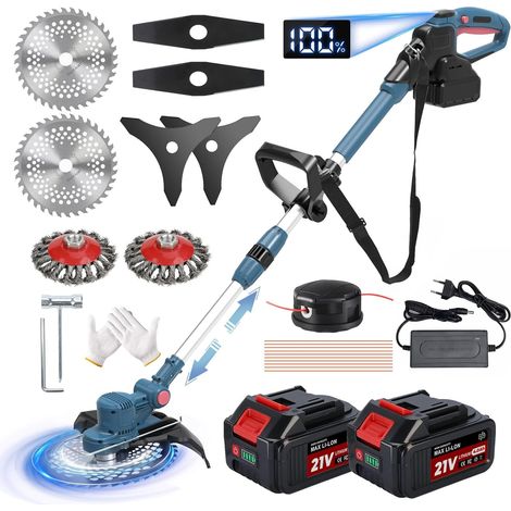 Debroussailleuse Electrique sans Fil 21V, Coupe Bordure sans Fil avec Batterie, 5 en 1 Débroussailleuse à Batterie Brushless avec Brosse Désherbage pour Jardin Élagage, Bleu (1/5)