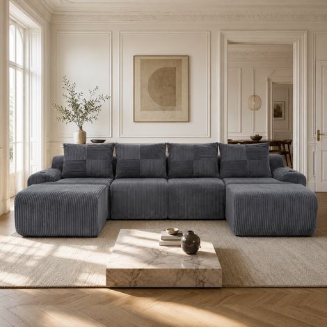 Canapé modulaire gris foncé en velours côtelé, 4 places avec 2 poufs, combinable librement, porte-gobelets et poche latérale de rangement, parfait pour salon, salle familiale