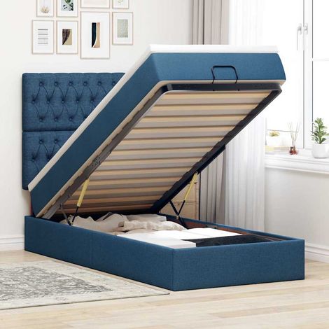 Lit coffre avec matelas à ressorts ensachés et LED, tissu bleu, 80 x 200 cm - PANGIVO (1/5)