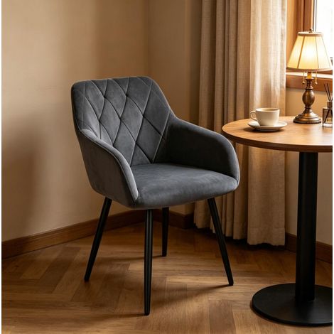 Sedia da pranzo imbottita in velluto grigio scuro con braccioli e gambe in metallo OKWISH (1/5)