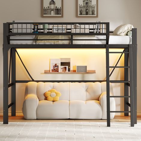 Cama alta 140x200 cm con cesta de almacenaje y LED, estructura de metal, negro (1/5)