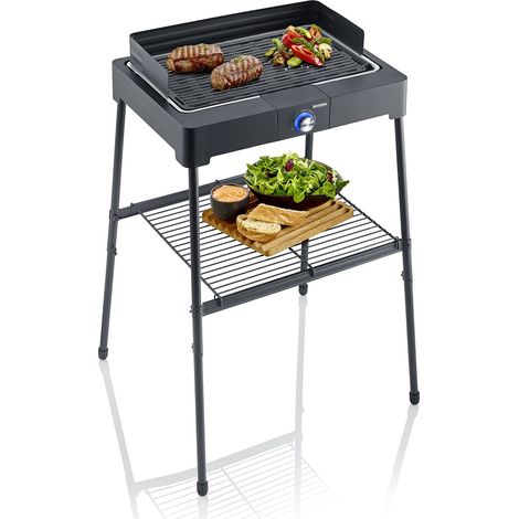 SEVERIN PG 8568 Barbecue elettrico 2200W in alluminio pressofuso con stand con mensola, Grill elettrico con piastra scanalata, Griglia da tavolo per interni ed esterni, Nero (1/3)