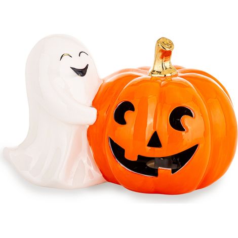 Fantasma di Halloween con zucca, statuetta LED bianca e arancione, 13x21x13 cm (1/2)