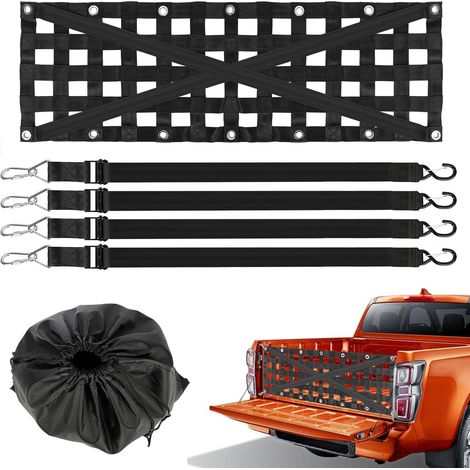 Filet Remorque 1,4M Extra-Long pour Camion Pickup - Filet Sécurité Hayon Extensible 20% avec 4 Crochets Réglables (138x45cm) (1/5)