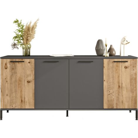 Buffet bas 4 portes Peeves L160cm Chêne clair et Anthracite (1/5)