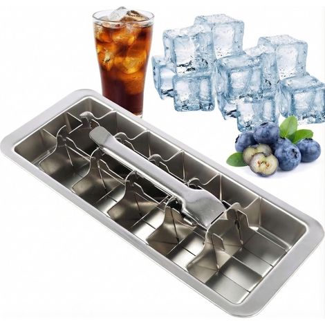Vassoio per cubetti di ghiaccio in acciaio inox con 18 scomparti, con maniglia, facile da sformare, contenitore per cubetti di ghiaccio per bevande come whisky, gin e rum. (1/5)
