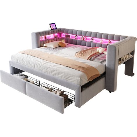 Lit Banquette 1 Place avec Couchage Gigogne, 2 Tiroirs, LED Réglable, USB et Type-C, 90 x 190 et 180 x 190 cm (1/5)