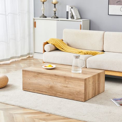 Tavolino rettangolare di colore chiaro con venature effetto legno. 90×50×30 cm, materiale MDF, non richiede montaggio. Piedini antiscivolo alla base, ideale per un arredamento moderno e lussuoso. (1/5)