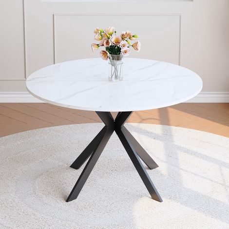Table de salle à manger ronde moderne en MDF aspect marbre blanc, piètement en X noir, idéale pour la cuisine et le salon, diamètre 110 cm. (1/5)