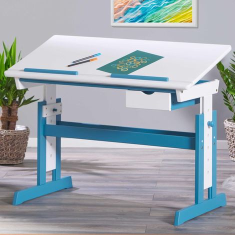 Bureau réglable en hauteur Bureau pour enfants, élèves Pupitre inclinable Support pour livres Bois massif laqué blanc Applications en bleu canard Bleu canard / Blanc (1/3)