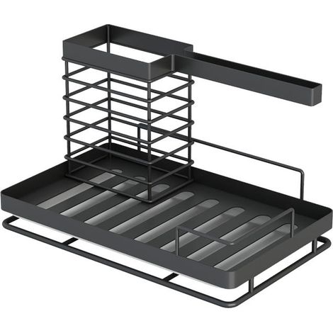 Estante de almacenamiento para fregadero con escurridor. Incluye soporte integrado para esponja y paño de cocina revestimiento negro resistente a la corrosión. (1/4)