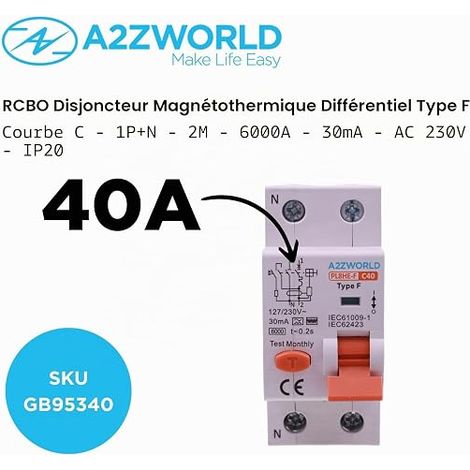 Magneto-Thermal Differential Switch Type F 40A C40, RCBO Type F Curve C 6 kA 30 mA, 1P+N 2 DIN Modules, For Heat Pumps, Air Conditioners, Washers, Inverter Controlled Motors (1/4)