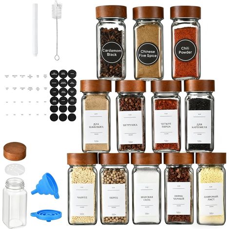 Pot a Epices, Flacons Pot en Verre Avec Couvercle en Bois, Bocaux en Verre Hermétique avec Etiquette Epices, Carré Bocaux Epices Costume Imperméable, utilisé pour Rangement Cuisine, 12x 120ml (1/5)