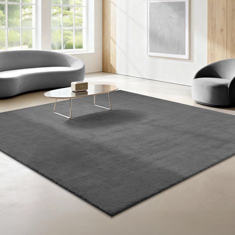 Tapis Moderne Moelleux à Poils Courts, antidérapant, Lavable Jusqu’à 30°C, Super Doux, Aspect Fourrure, pour Salon et Chambre, décoratif, Anthracite, 240 x 240 cm (1/5)