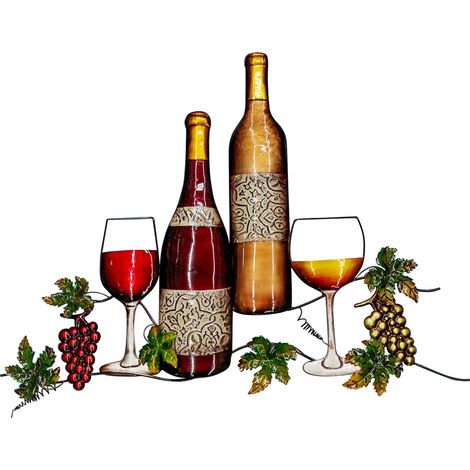 Weinwanddekoration aus Metall mit Flaschen und Gläsern