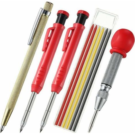 Set de 2 Crayons de Menuisier pour Construction avec 6 Recharges de Marqueurs, Outil à Tracer en Carbure et Outil de Marquage au Centre Automatique pour Marqueur Architecte Menuiserie