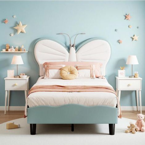 Bett für Kinder - Schmetterlingskopfteile - 90 x 190 cm - Blau und Weißer Samt - Integrierte LED