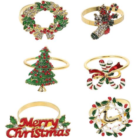 Lot de 6 anneaux de serviette décoratifs de Noël en alliage coloré, délicats et raffinés.-5x4.5cm