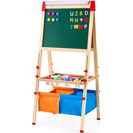 Chevalet de dessin pour enfants, 3-en-1 en bois, double face avec tableau magnétique, ardoise, rouleau de papier, réglable en hauteur, avec accessoires et rangement. (1/5)