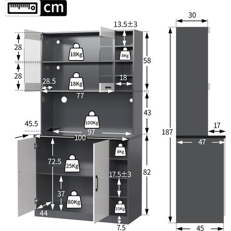 Meuble de cuisine haut 100x47x187cm, buffet en bois avec éclairage LED d'ambiance et passe-câbles, grand espace pour micro-ondes, colonne de rangement autoportante, étagères latérales réglables en hau (1/5)