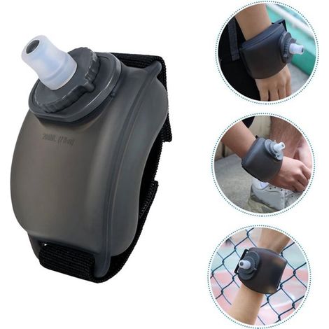 Botella de agua deportiva muñeca 200 ml, Botella agua silicona, Botella agua correa ajustable muñeca, Vaso deportivo portátil manos libres, Negra (1/5)