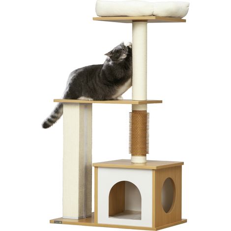 Kratzbaum Katzenbaum Katzenhöhle, 1 Katzenbett, 1 Liegefläche, 59,5 cm x 39,5 cm x 114 cm, Braun + Weiß