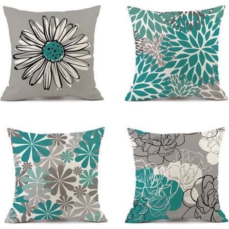 Housse De Coussin - Motif Floral - Lin - 45 X 45 Cm - Intérieur Et Extérieur - Lot De 4